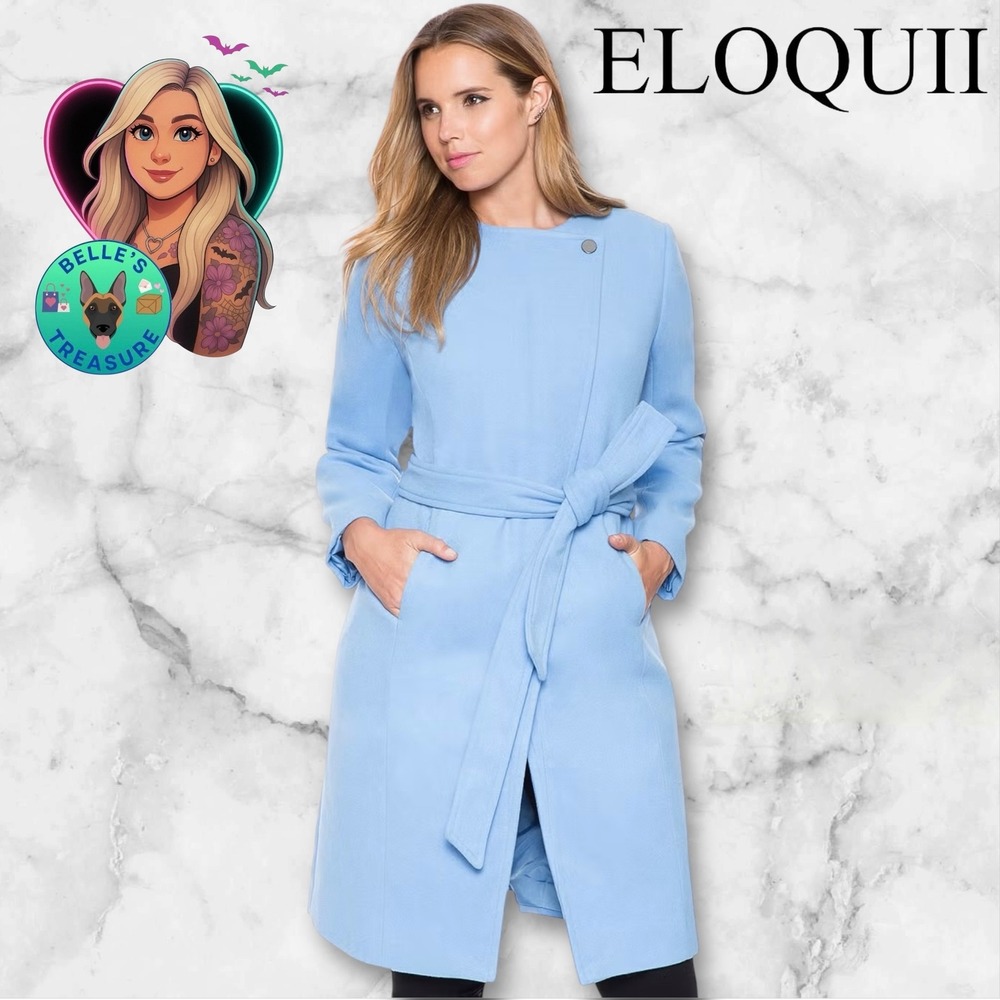 ELOQUII Womens 14/16 Blue Wrap‎ Belted Studio Tie Waist Coat Midi Dress Trench